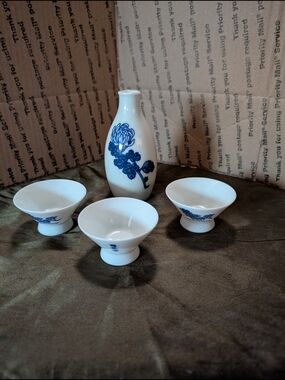 White and Blue Floral Porcelain Sake Set - 4 Piece